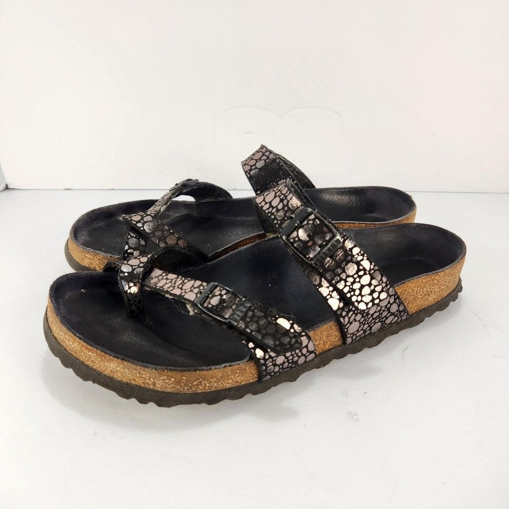 Birkenstock Mayari Women's 41 L10 Metallic Black Rose Gold Toe Loop Sandals